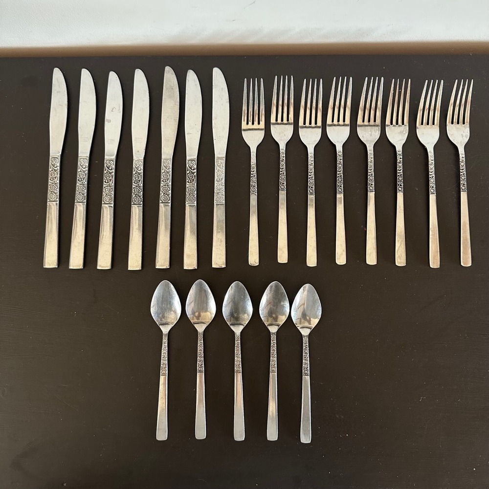 Vintage National Stainless Rose Serenade Flatware Lot 20pc Korea Floral Rose MCM
